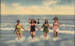 Four Ladies in Swimsuits Play in the Ocean Postcard