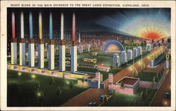 Night Scene of the Main Entrance to the Great Lakes Exposition Postcard