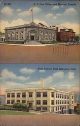 U.S. Post Office, Masonic Temple and High School Postcard