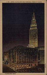 Hotel Cleveland and Terminal Tower at night Ohio Postcard Postcard