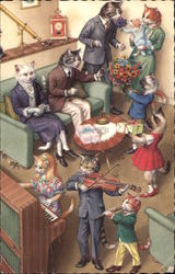 Cats Partying in a Living Room Postcard