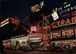 Montmartre at Night with Le Moulin Rouge Paris, France Postcard Postcard