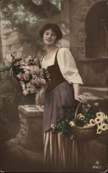 Peasant Woman Carrying Two Baskets of Flowers Postcard