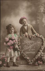 Boy and Girl Holding Flowers and Large Heart Children Postcard Postcard