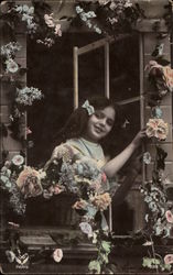 Young Girl Looking through Window Girls Postcard Postcard