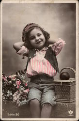 Young Child with Basket and Flowers Postcard