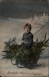 Warmest Christmas Greetings, With Child on Sled Postcard