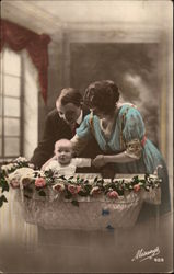 Parents Admire Their New Baby in Her Bassinet Postcard