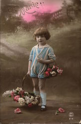 Child Carrying Baskets of Roses Postcard