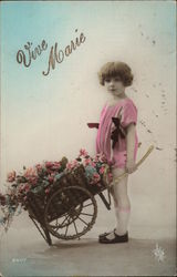 Vive Marie - Young Girl with Wheelbarrow full of Flowers Girls Postcard Postcard