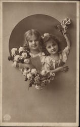 Two Girls with Bouquet of Flowers and Letter Postcard