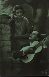 Man Serenading Woman with a Guitar Postcard