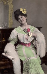 Woman with Green and White Dress and White Fur Stole Postcard