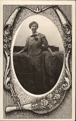 Portrait of Farm Girl with Bales of Hay Postcard