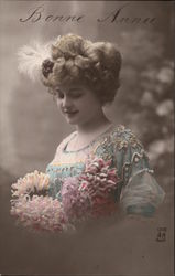 Young Woman with Chrysanthemums Postcard