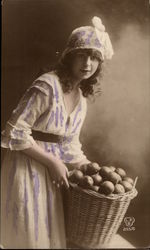 Portrait of a Girl Holding a Basket of Fruit Girls Postcard Postcard