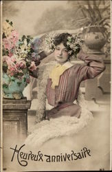 Happy Anniversary - Woman in Brown Dress with Flowers Postcard