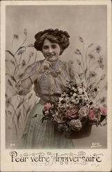 For Your Anniversary - Woman Holding a Basket of Flowers Postcard