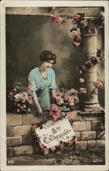 Vive St. Catharine - Woman with Sign and Flowers Postcard