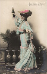 Woman in Blue and Pink Dress Holding a Wine Bottle Women Postcard Postcard