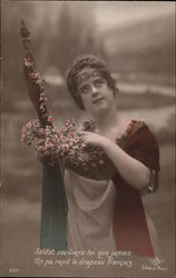 French Woman with French Flag Portrait Postcard