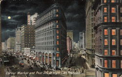 Corner Market and Post Sts. at night Postcard