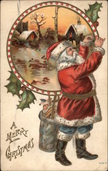 A Merry Christmas, with Santa and Holiday Scene Postcard