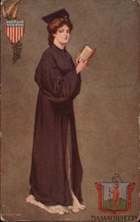 Woman in graduation gown; Massachusetts Postcard