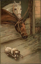 Two horses in a stable with dog on floor Postcard Postcard