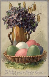 Easter Greetings, with Colored Eggs and Lilacs Postcard