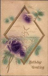 Birthday Greeting, with Windmill and Flowers Airbrushed Postcard Postcard