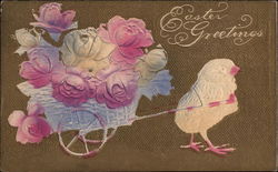 Chick pulling a basket of flowers Airbrushed Postcard Postcard