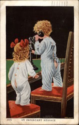 Two Kids in Pyjamas Making a Phone Call Postcard