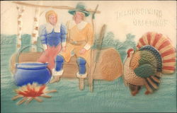 Thanksgiving Greeting - Pilgrims and Turkey Postcard