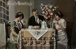 Hearty Greetings - People Taking Tea Coffee & Tea Postcard Postcard