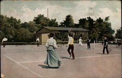 Men and a Woman Playing Tennis Postcard Postcard