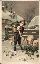 Young Boy Feeding Shamrocks to Pigs St. Patrick's Day Postcard Postcard