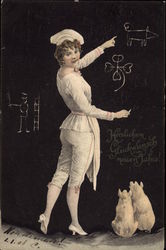 Woman drawing on blackboard, 2 pigs on floor Postcard