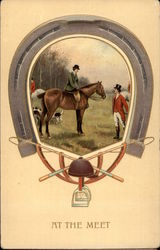 Equestrian Scene (Woman on Horse and Man in Hunting Gear) with Horseshoe Frame Postcard Postcard