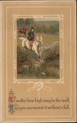 Woman on White Horse Jumps Over a Wall Horses Postcard Postcard