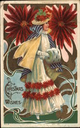 Christmas Wishes - Woman with Poinsettia Postcard