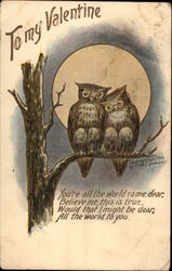 Two owls sitting on a tree branch with the moon behind them Postcard