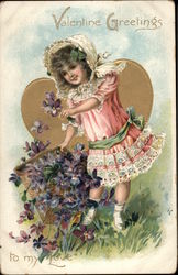 Valentine Greetings - Girl in Pink Dress with Violets Children Postcard Postcard