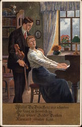 Couple, secretly in love. The woman playing the piano, the man playing the violin Postcard