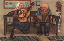 Old Couple Playing Instruments on a Bench Couples Postcard Postcard