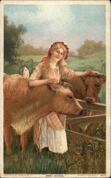 Blonde Woman With Two Cows Girls Postcard Postcard