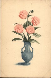 four pink carnations in a blue vase Postcard