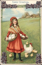 Easter Greetings, with Girl, Eggs, Chickens Postcard