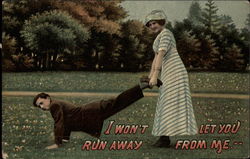 Woman Grabs Hold of Man by His Feet Postcard