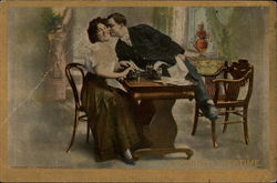 Working Overtime - Couple Kissing Postcard